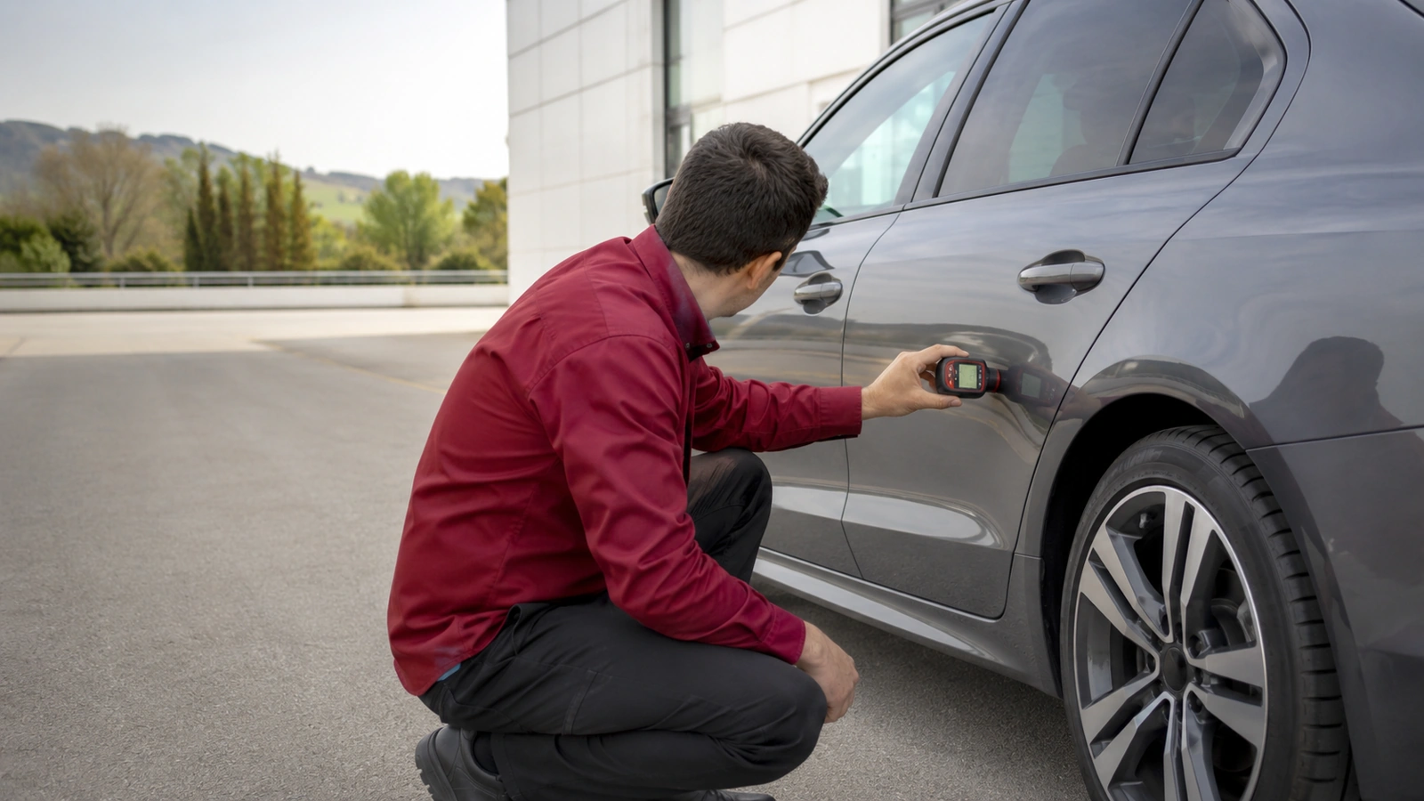 Aracın kaporta yüzeyini ölçüm cihazıyla kontrol eden mobil ekspertiz uzmanı